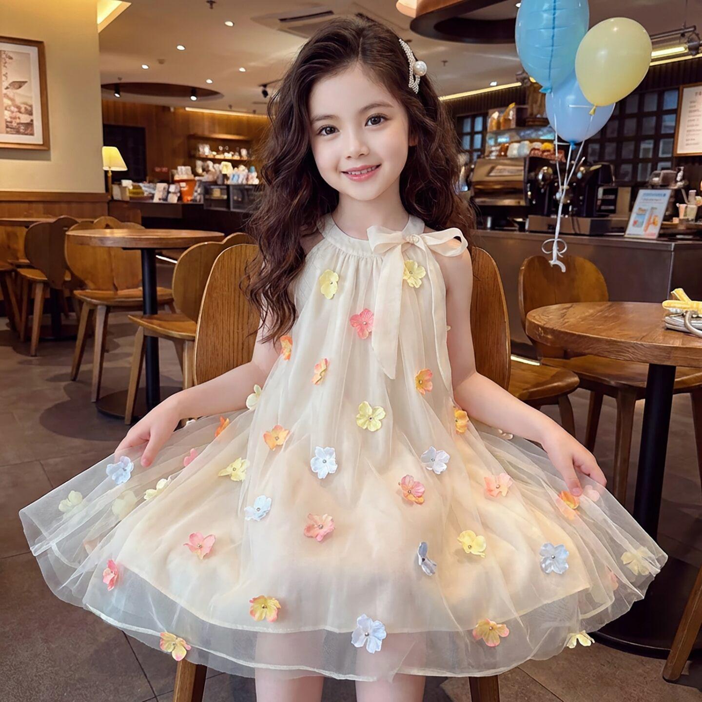 Summer 2026 Stylish Girls  Mesh Skirt Princess Sundress 160cm абрикосовый