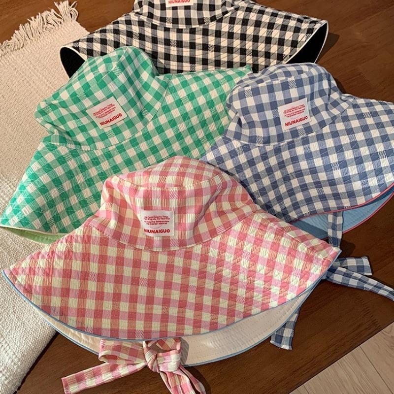 Double-sided Plaid Fisherman's Hat Children's Summer Thin UV-proof Foldable Large Brim Sunshade Sun Hat