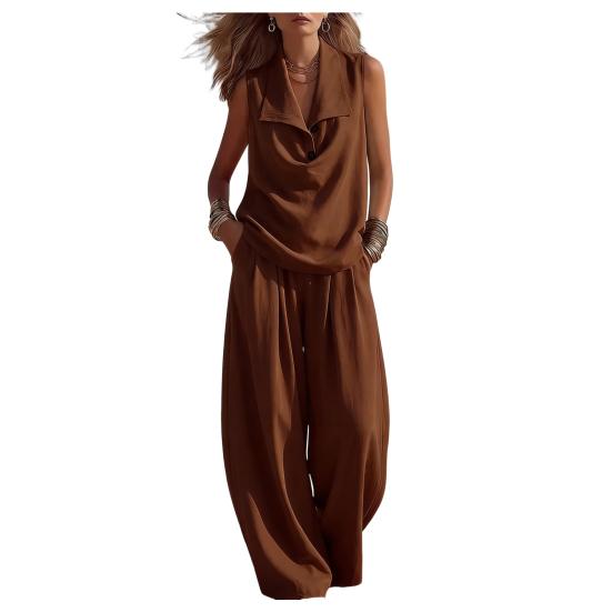 

Women s Summer Sleeveless 2 Piece Sets Button Up Lapel V Neck Top Wide Leg Pants Casual Vacation Outfits with Pockets M