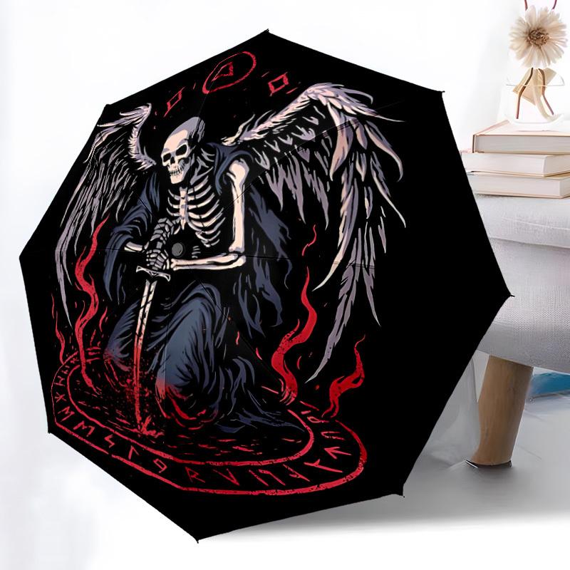 1pc Skelewing, Deathly Automatic Folding Umbrella - Windproof Compact Travel Umbrella with Auto Open/Close, 8-Rib Heavy-Duty Shaft for Women/Men A014