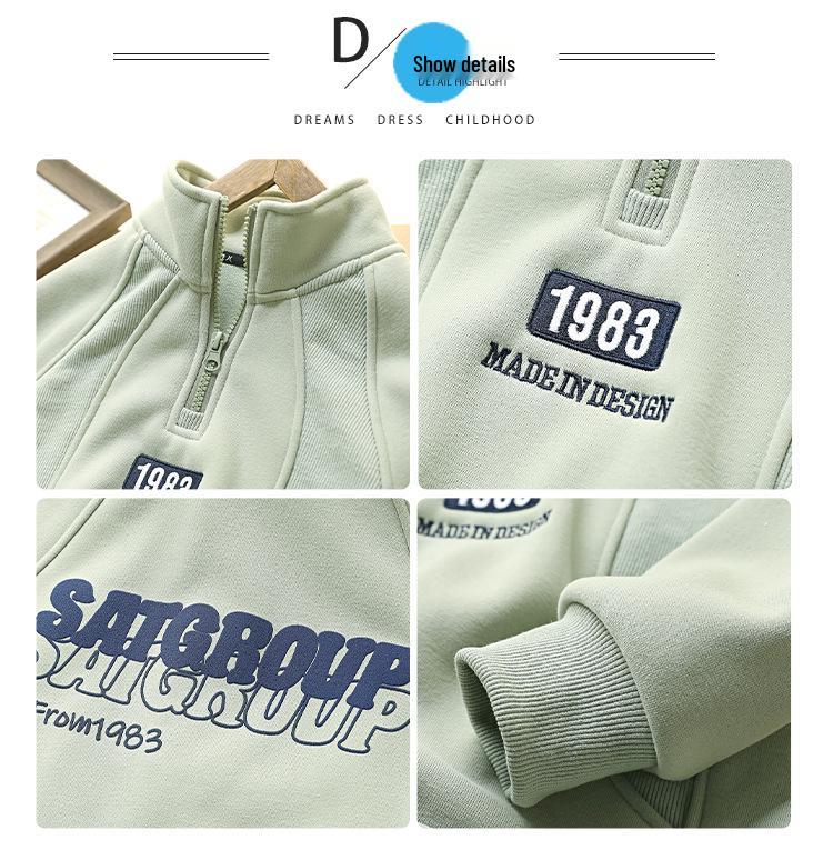 Boys' Velvet Half-Zip Stand Collar Hoodie: 2025 Winter Thickened One-Piece Top for Children