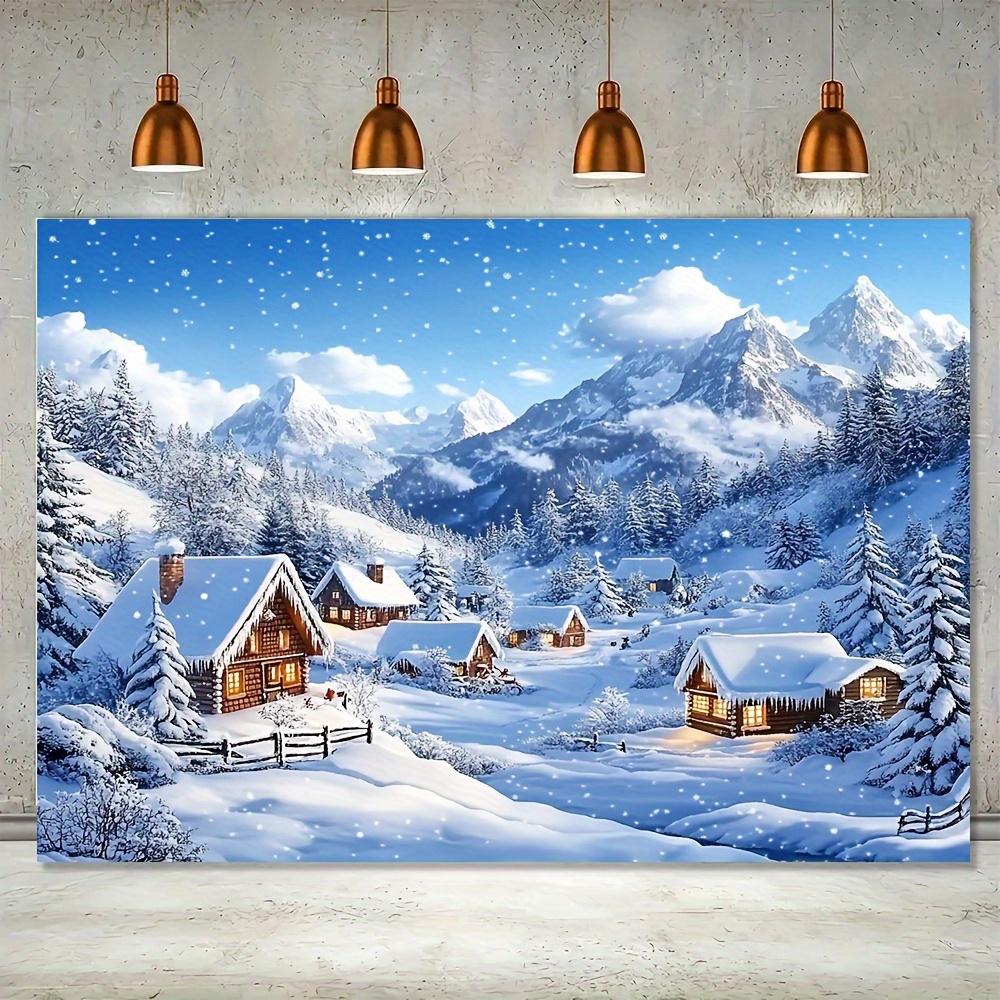 A winter Christmas village polyester background with a snow-covered cottage suitable for festive party decoration