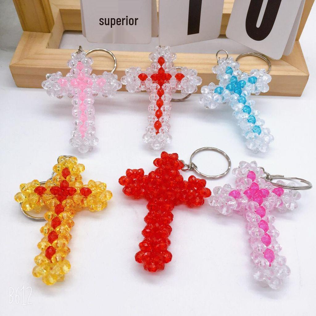 Handmade Acrylic Beaded Cross Keychain Charm