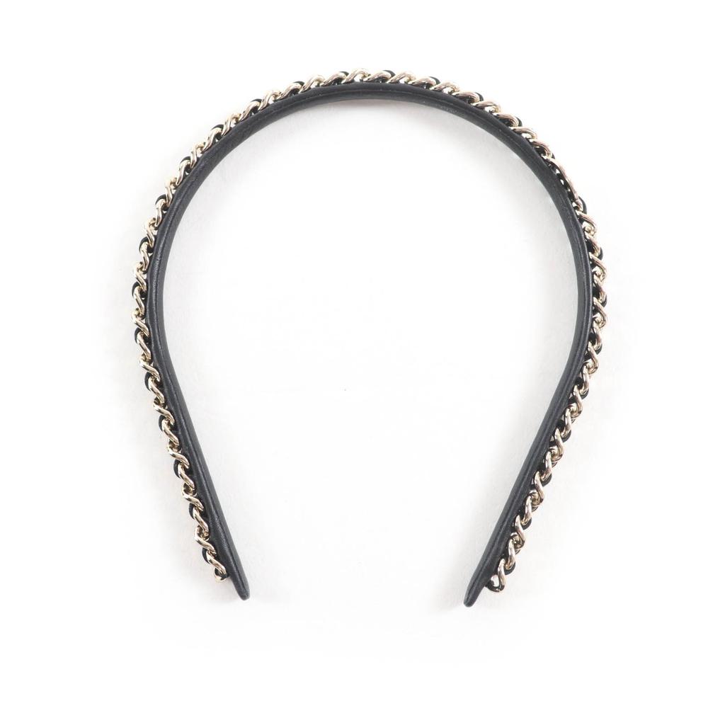 Excellent CHANEL Hair Accessory Black Gold Leather Women B22S Used