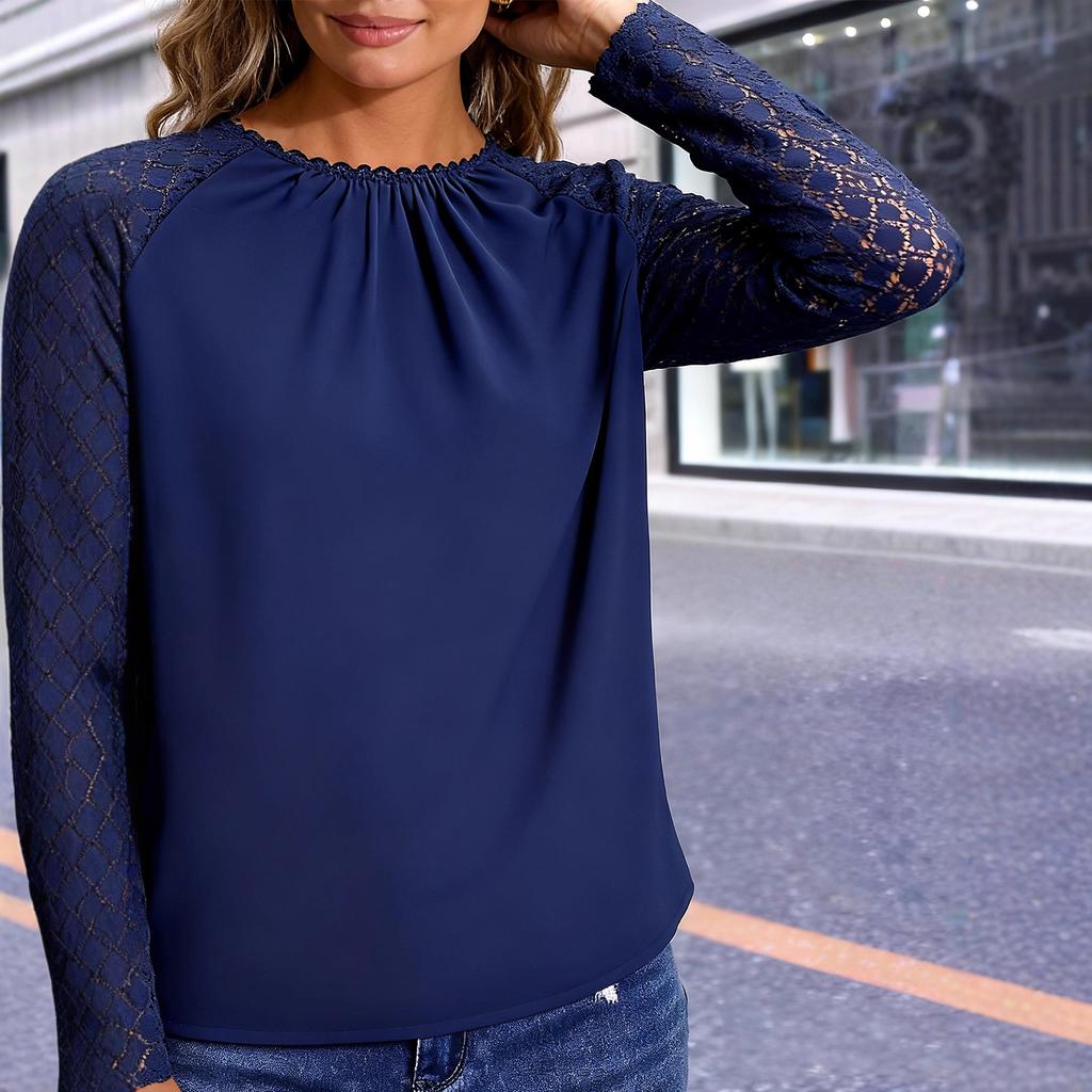 Autumn European and American Style Round Neck Shoulder Sleeve Lace Splicing Shirt Temperament Elegant Commuter Top