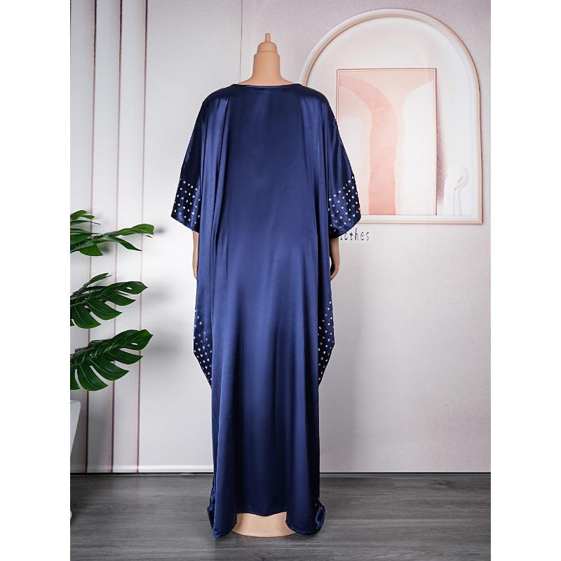 Plus Size Adjustable Belt Dresses Women's Drill Silk Satin Bat Sleeve Long Dress