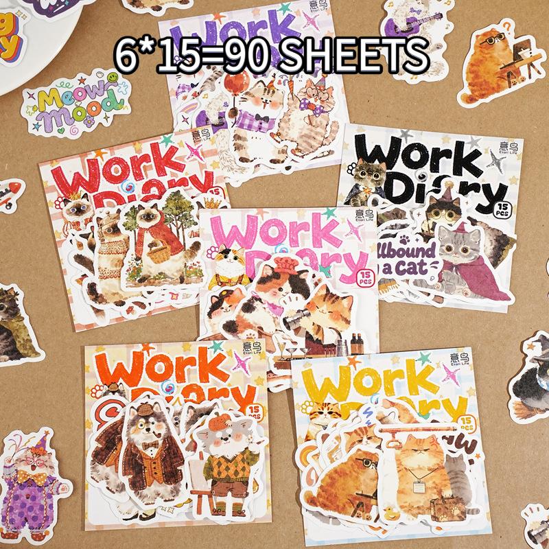 90 sheets/set, cute stickers, cat elements, daily work life of cats theme, scrapbook and journal materials, self adhesive 90 sheets