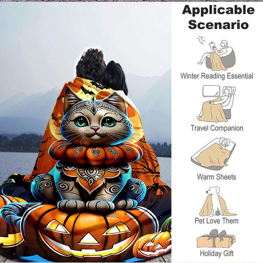 1pc Pumpkin Cat Blanket, Lightweight Flannel Throw Blanket for Sofa, Bed, Travel, Camping, Living Room, Office, Couch027