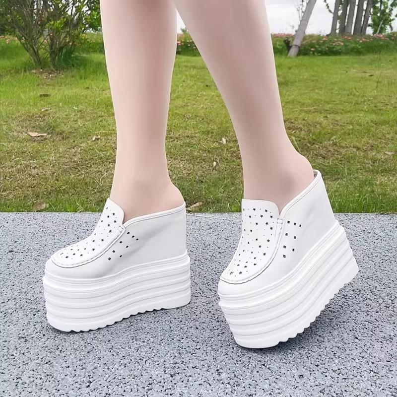 Fashion 13CM Women's Flat Shoes Mules Summer 2025 Fashion Leather Fashion Breathable Platform Slippers Thick Bottom Women Slippers