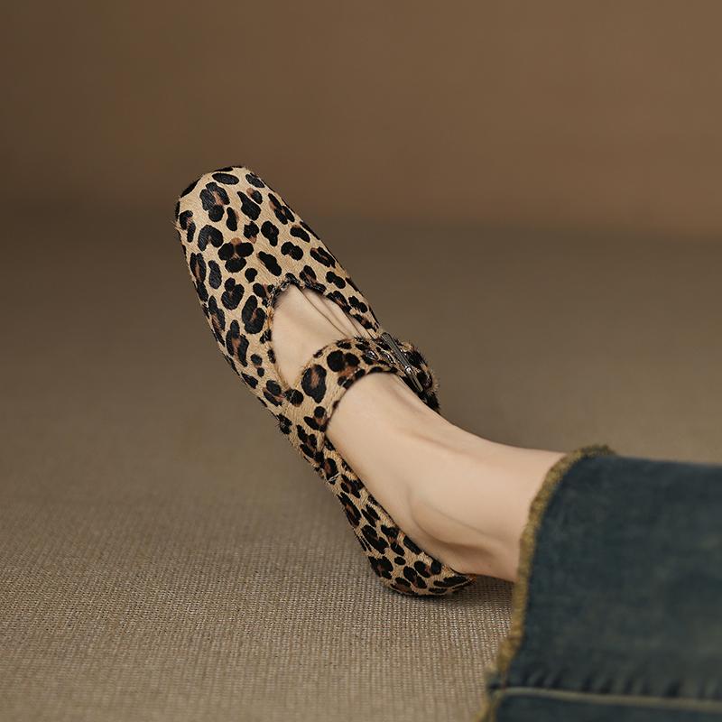 Fashion 2025 New Spring Women Flats Square Toe Low Heel Shoes Horsehair Women Shoes Concise Leopard Mary Janes Cow Leopard Print Shoes