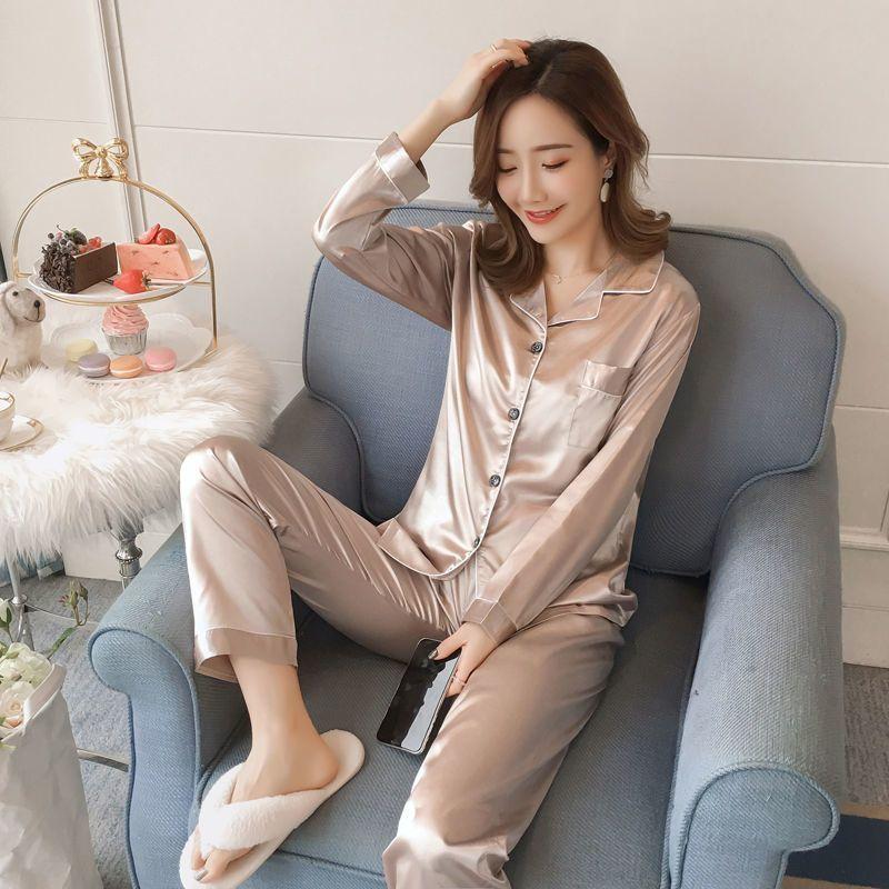 Women's Spring Sweet Ins Ice Silk Pajamas - Long-Sleeved Thin Cardigan Simulation Silk Home Service