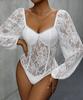 Autumn Women's Lace Splicing Long Sleeve Solid Bodysuit