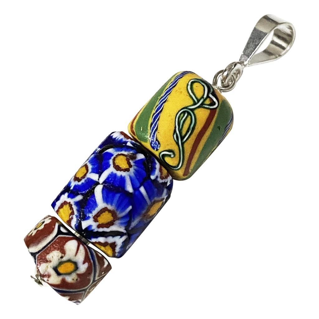 Venezianische Glasperlen, 3 Stränge, Millefiori, Modeschmuckperlen, Antike Perlen, SILBER925, Anhängeraufsatz, Venezianische Handelsperlen, Alte Perlen, Antike Perlen,