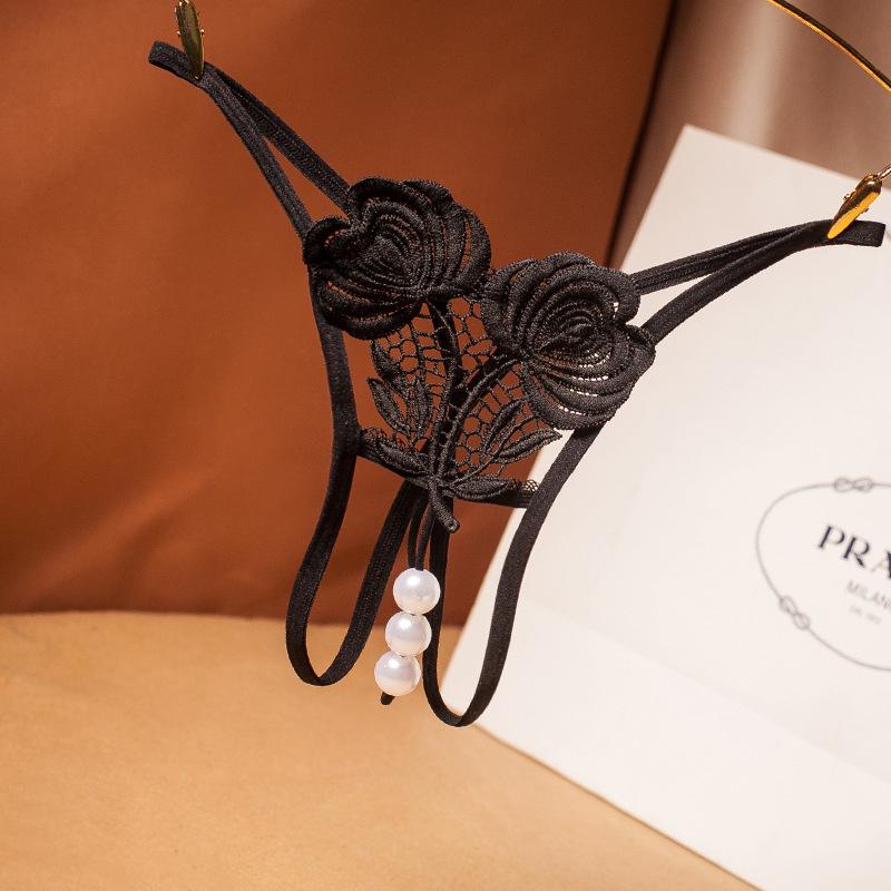 Sexy spodní prádlo Krajkové kalhotky Duté perleťové Jacquard Kalhotky s otevřeným souborem Nízký pas Elastické Temptation Jedno provazové květinové rozkrokové tanga