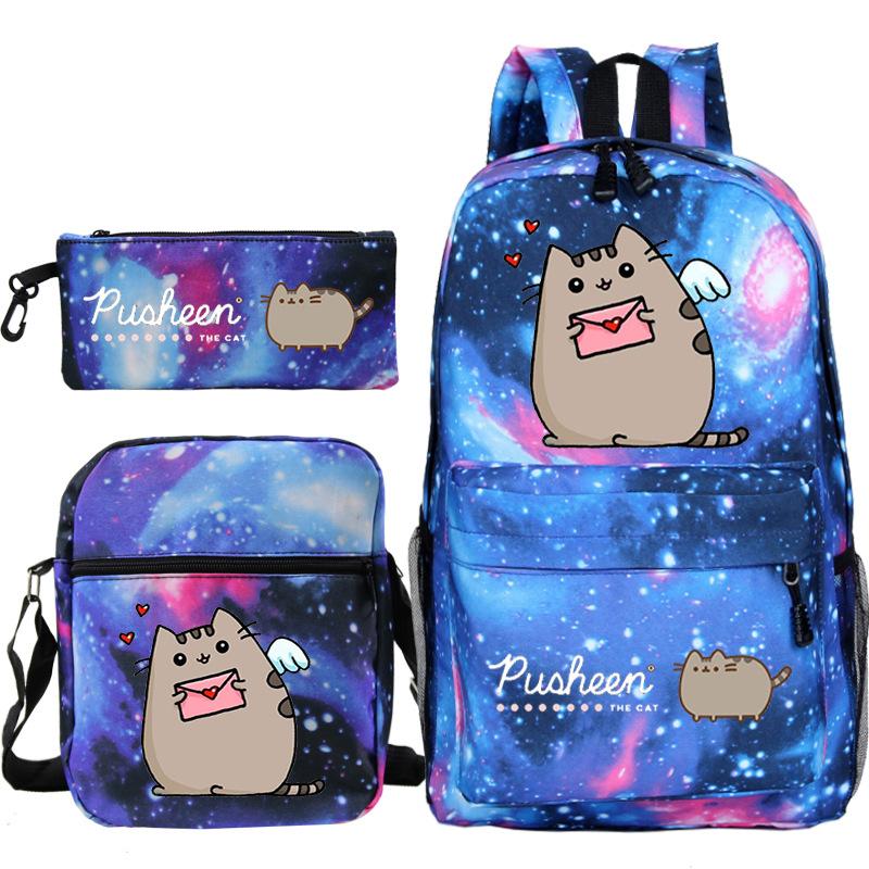 Pusheen fette Katze niedlicher Cartoon bedruckter Schulranzen grenzüberschreitende Studenten tragbare Umhängetasche Federmäppchen dreiteiliges Set