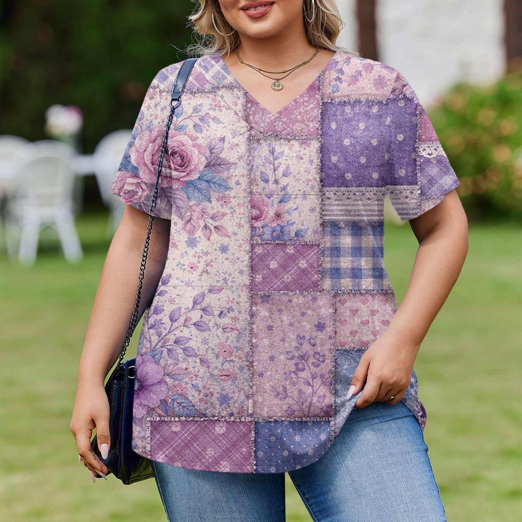 Women's Plus Size Fashionable Casual Loose-Fit Short Sleeve Elegant V Neck Blouse For Work