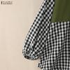 ZANZEA Women Plaid Print Splice Long Sleeve Loose Casual Blouse