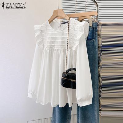 Bluse da donna vintage a righe con maniche lunghe a volant e scollo rotondo