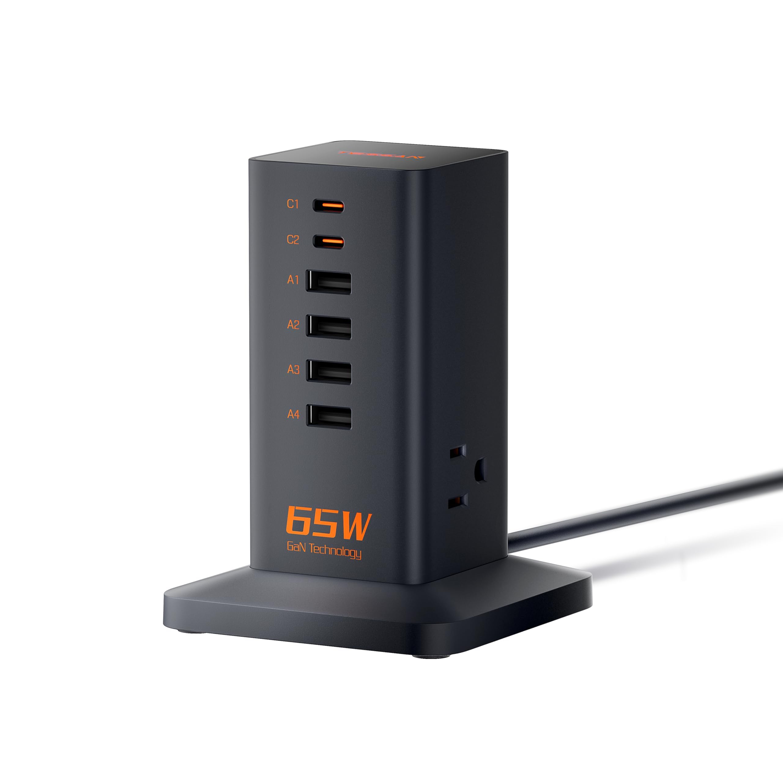 Сетевой фильтр-башня с USB-розетками, быстрая зарядка PD 65 Вт с USB C удлинителем 2 м, зарядная станция, 4 розетки AC, 3 порта Type-C, 2 порта Type-A, 4 порта GaN