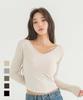 Dolosiwa [Full Shot Mold] Deep U-Neck Shoulder Pads Built-In Cap Long Sleeve T-Shirt_5 Colors