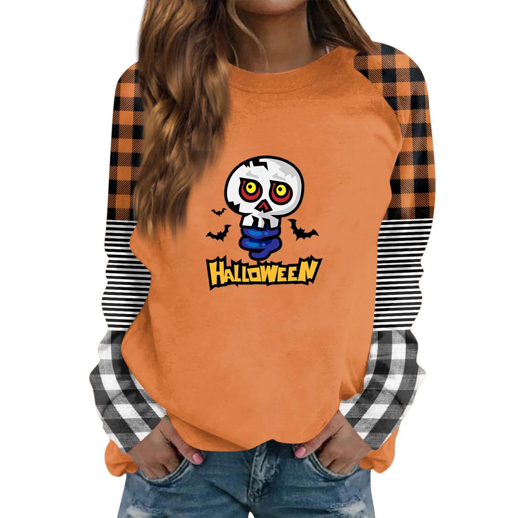 Women's Casual Long Sleeve Neck Halloween Print Top for Fall