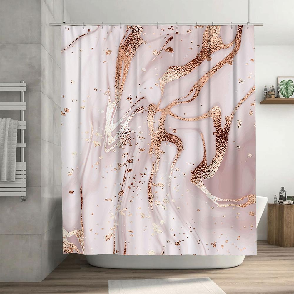 Luxurious Gold Glitter Shower Curtain Set Pink Rose Gold Bathroom Decor Soft Watercolor Fabric For Bathrooms Size: 72X84 Inches