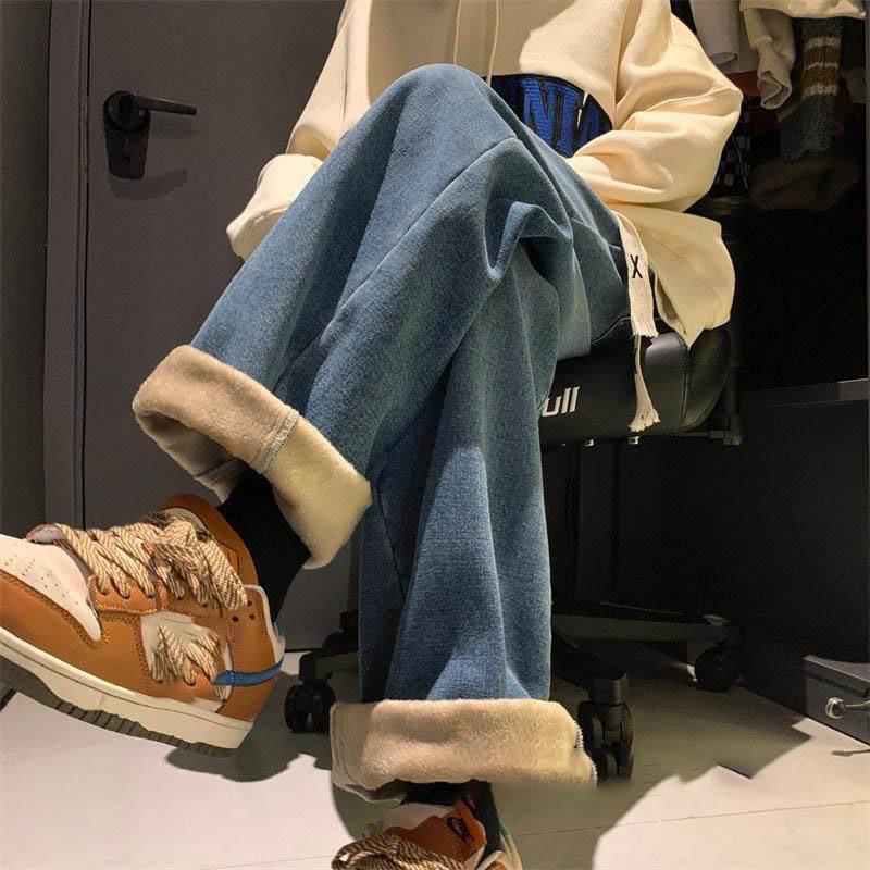Streetwear Vintage Fleece Lined Thickened Washed Jeans Women Y2K High Waist Loose Straight Trousers Casual Jeans