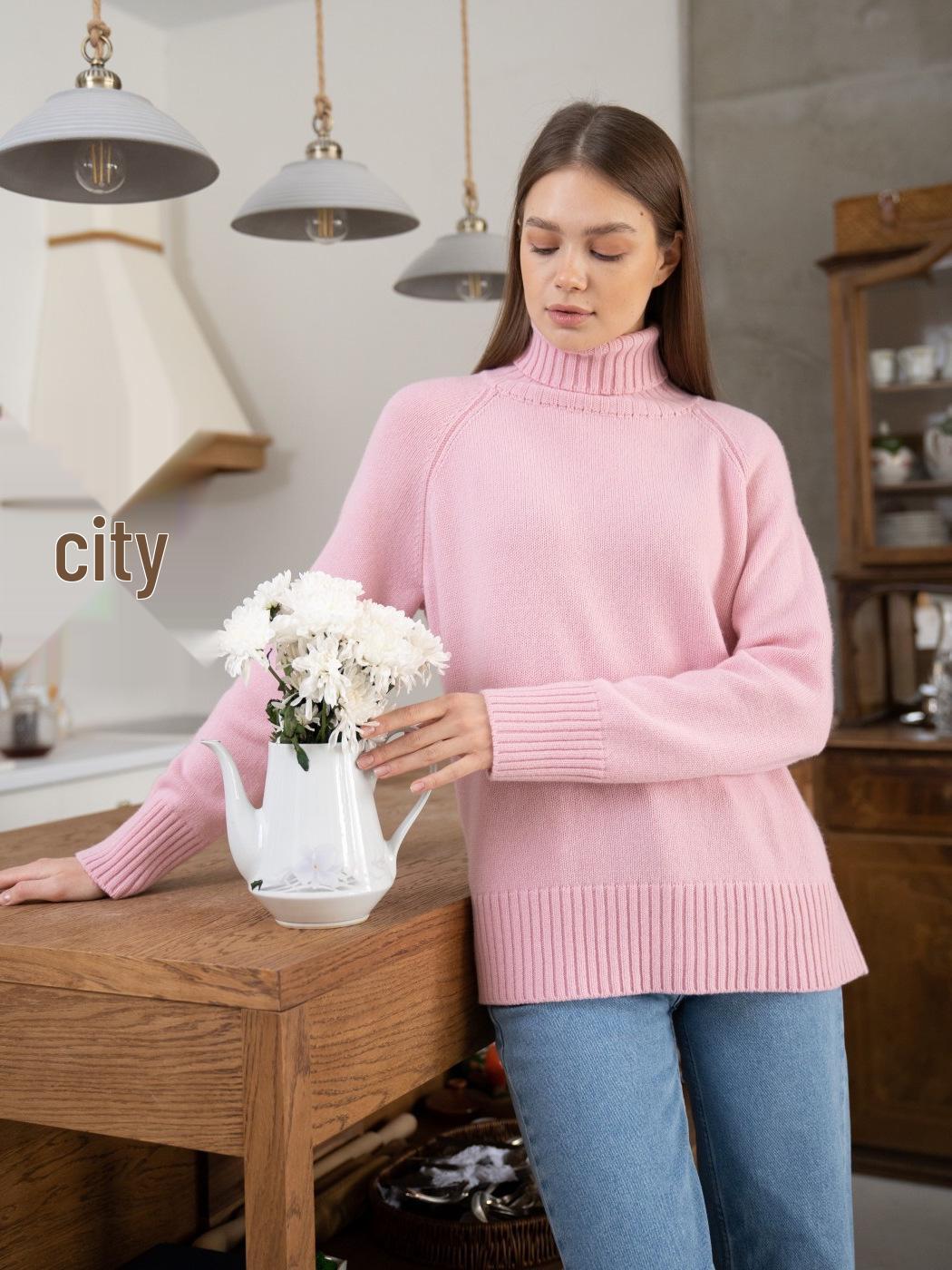 

Causal Long Sleeve High Neck Knit Sweater - Solid Color & Comfortable Fit Medium рожевий
