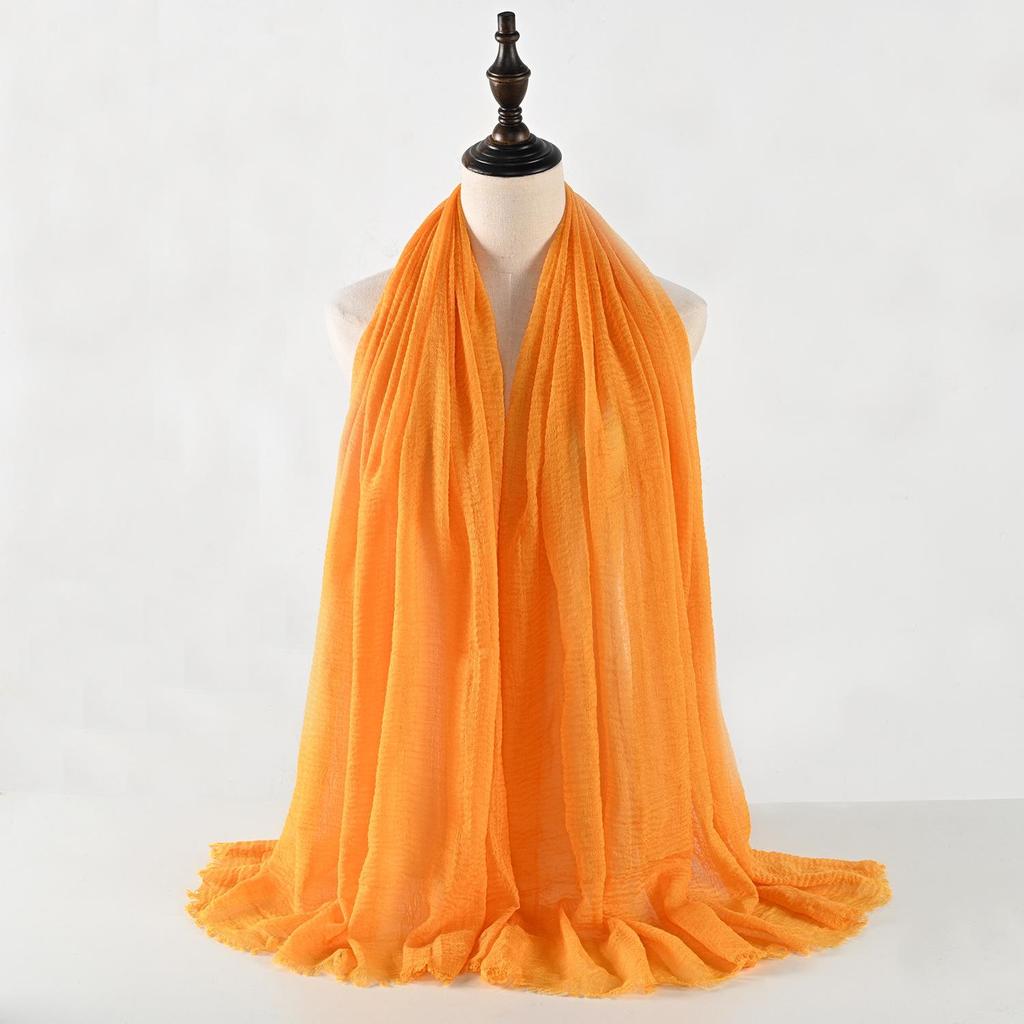 Crinkled Cotton-Linen Blend Scarf with Fringe - Solid Color, 90x180cm, Women's Headscarf