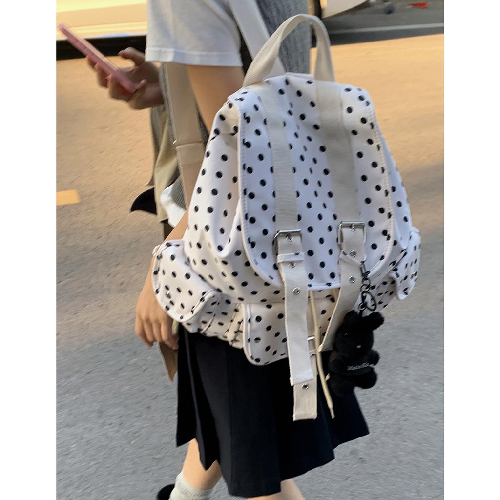 Korean Version of College Style Casual Schoolbag Women's 2025 New Canvas Bag Polka Dot Printed Backpack One Piece