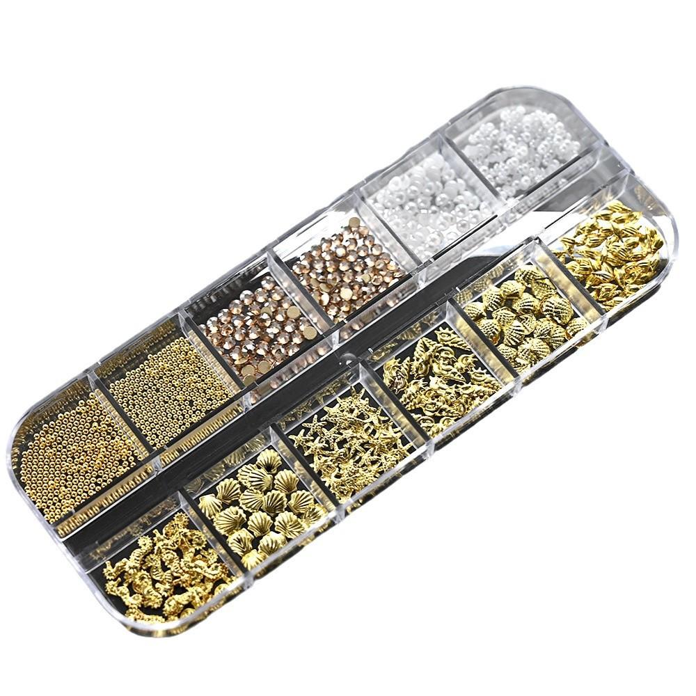 12 Grid 3D Beads Rhinestone Ocean-Inspired Nail Art Charms Alloy Shell Abalone Seahorse Starfish Conch Faux Pearl Beads For Diy Manicure Nail Supplies