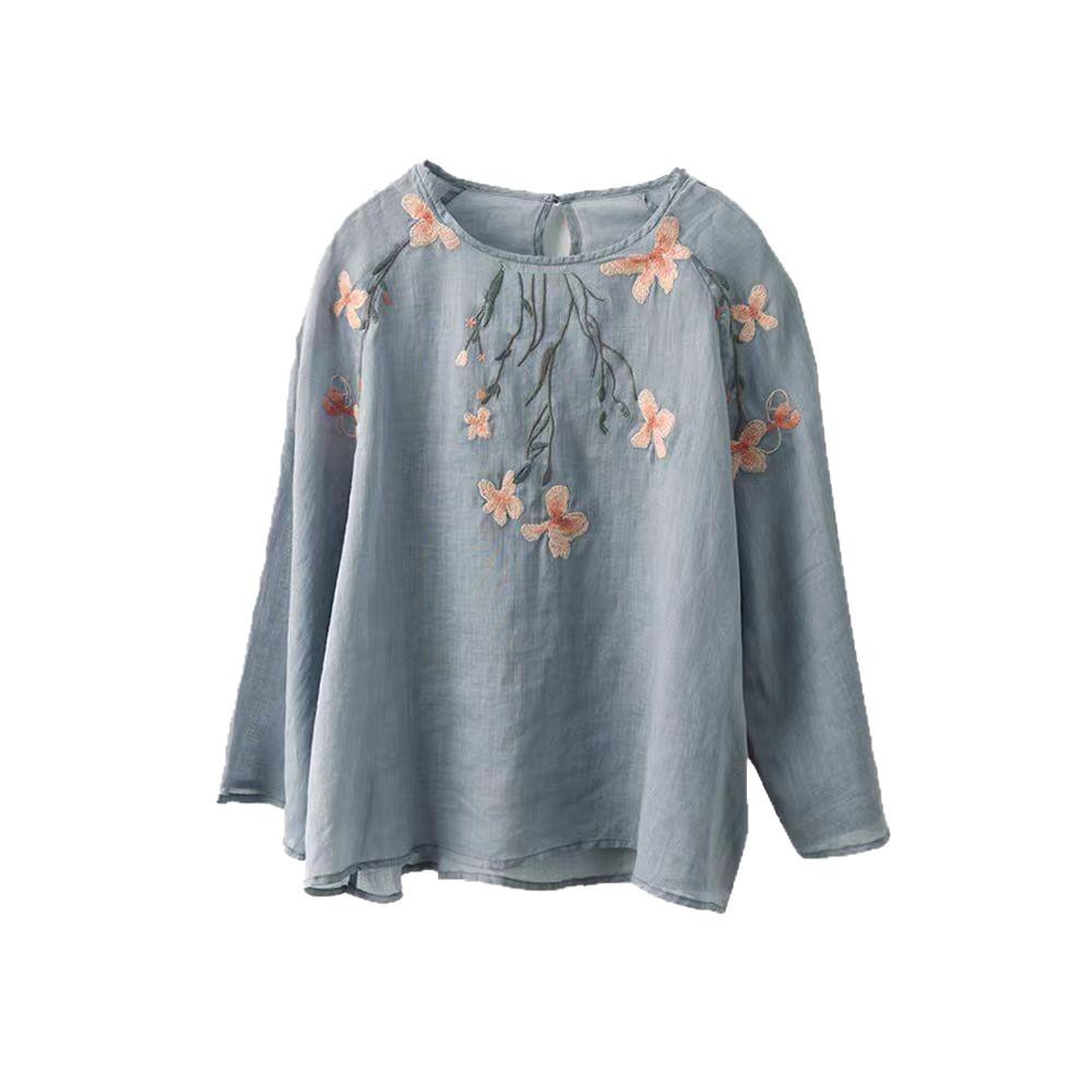 Summer new cotton and linen embroidered blouse long-sleeved women's light and thin loose casual large-size cotton and linen top