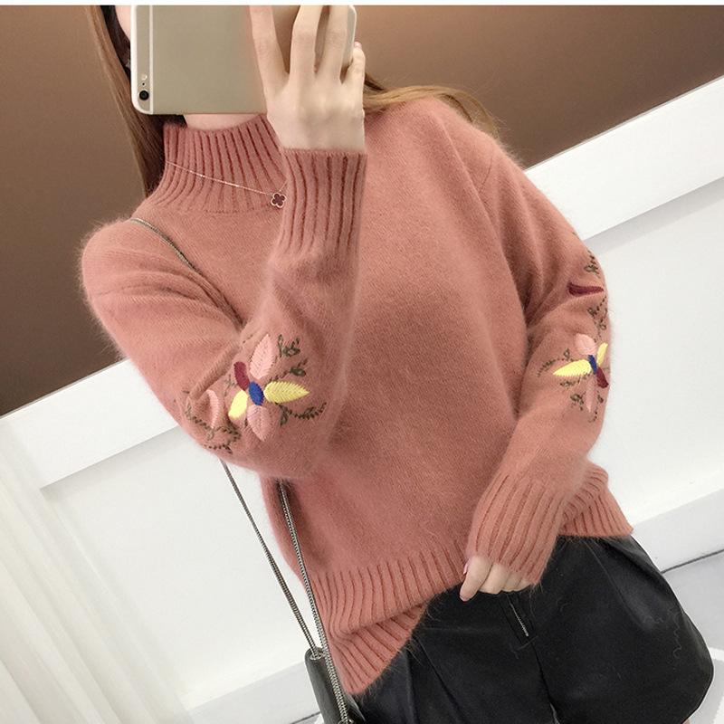 Autumn and Winter Women's Half Neck Pullover Sweater Embroidered Knitted Sweater for Women