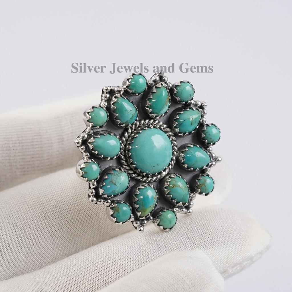 Natural Turquoise Ring, Multi Stone Cluster Ring, Birthday Ring, 925 Sterling Silver Ring, Kingman Turquoise Boho Ring, Handmade ring