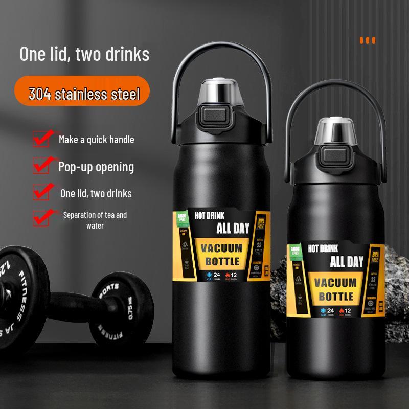 304 Stainless Steel Large Capacity Vacuum Insulated Sports Bottle with Handle and Dual Drink Lids for Outdoor Activities
