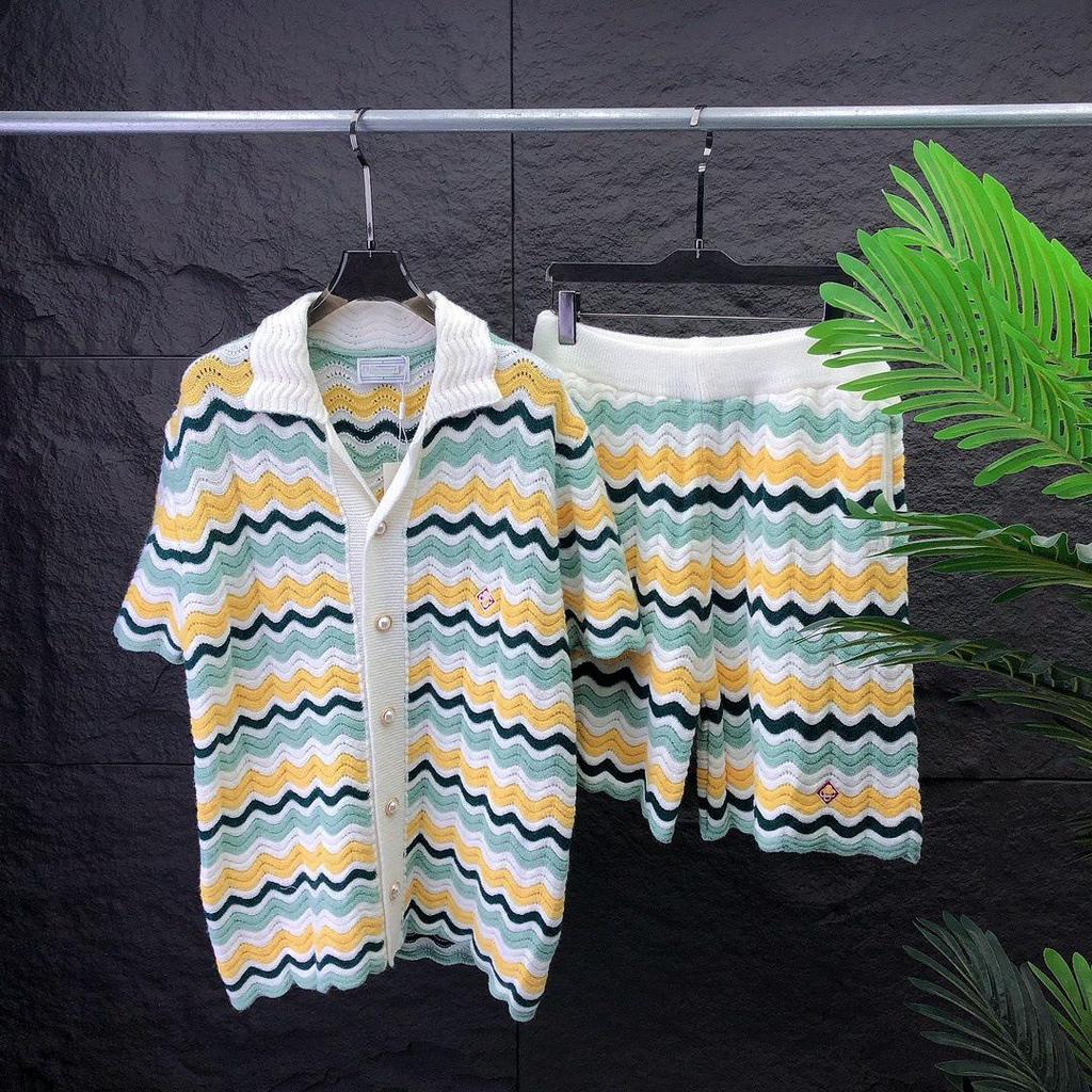 Women's Casual Knitted Wool Suit: Short-Sleeved Sweater & Shorts with Pearl Buttons and Color Matching.