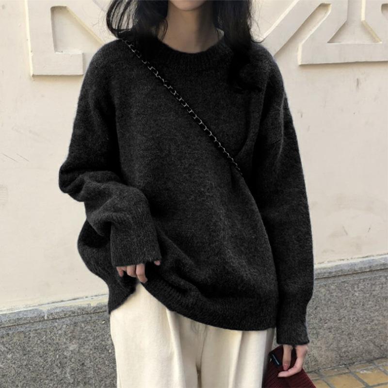 Women's Solid Color Crew Neck Pullover Sweater Loose Lazy Fit Long Sleeve Knit Top Fall Versatile Casual Knitwear