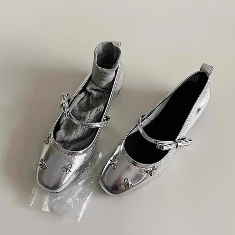 Sheepskin version~ bow-tied silver French single shoes women's flat-bottomed light-mouth Mary Jane shoes one-word buckle versatile small leather shoes
