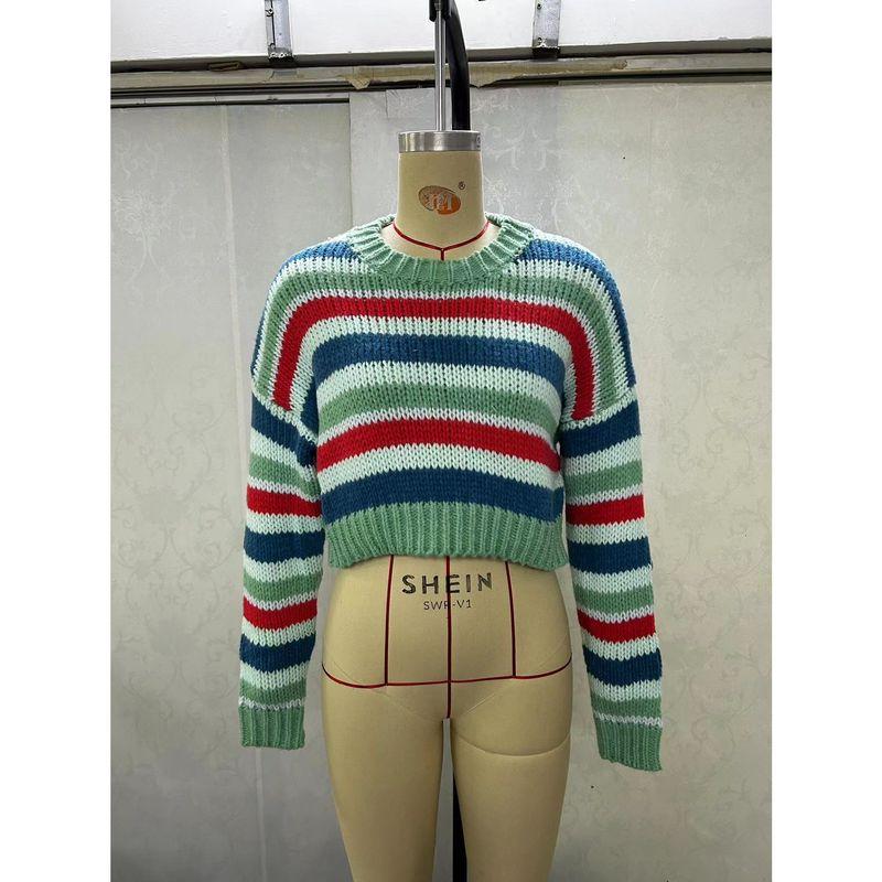 Summer and Autumn Stylish Fashion Autumn Colorized Sweater Export Loose Leisure Short Contrast Color Stripes Knitwear Tops