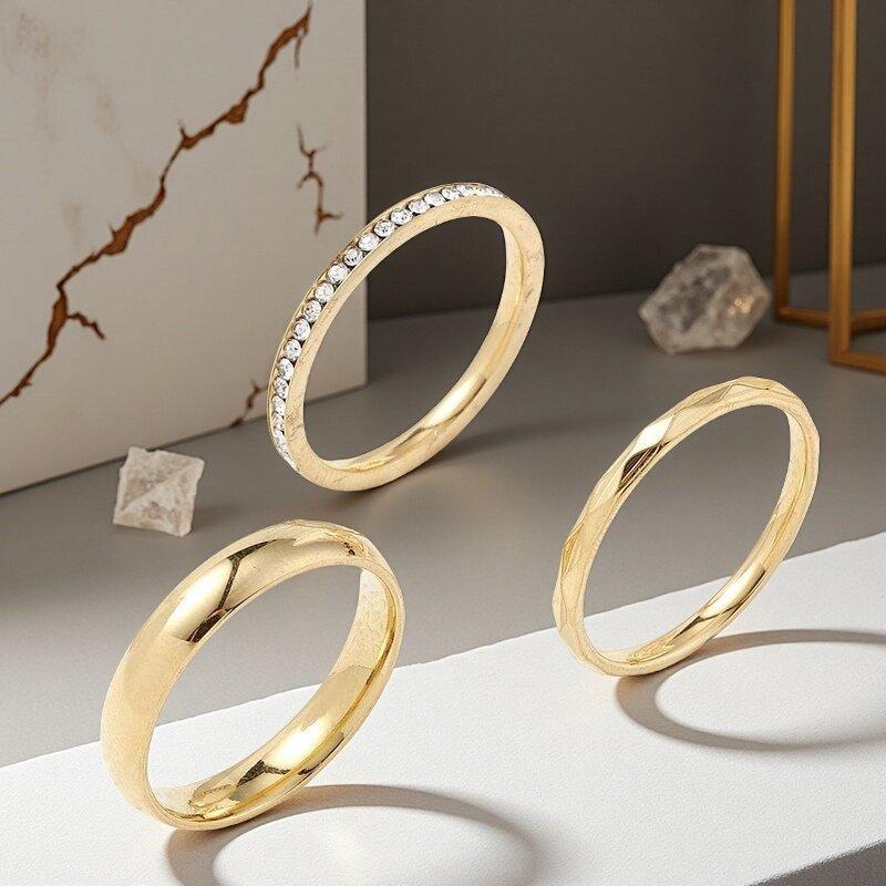 Korean version of new rust steel full diamond smooth plain ring rhombus fashion women's three-piece ring batch
