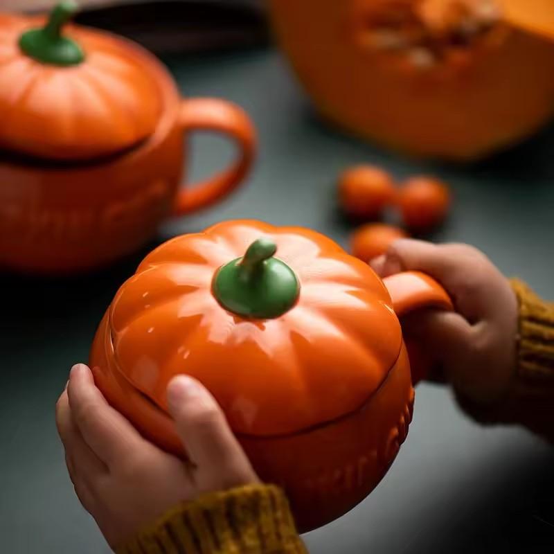 Pumpkin Cup Creative Personality Trend Water Cup Ceramic With Lid Spoon Breakfast Oatmeal Mug High Appearance Level Lovely Girl