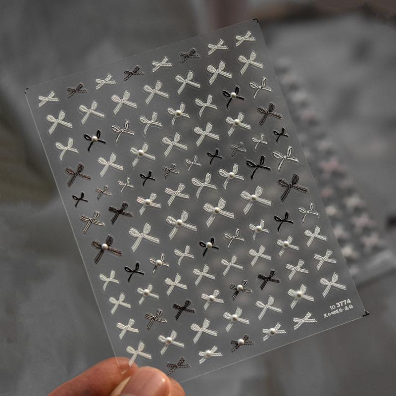 5D Embossed Organa Pearl Bow Nail Stickers - Crystal Diamond Decals