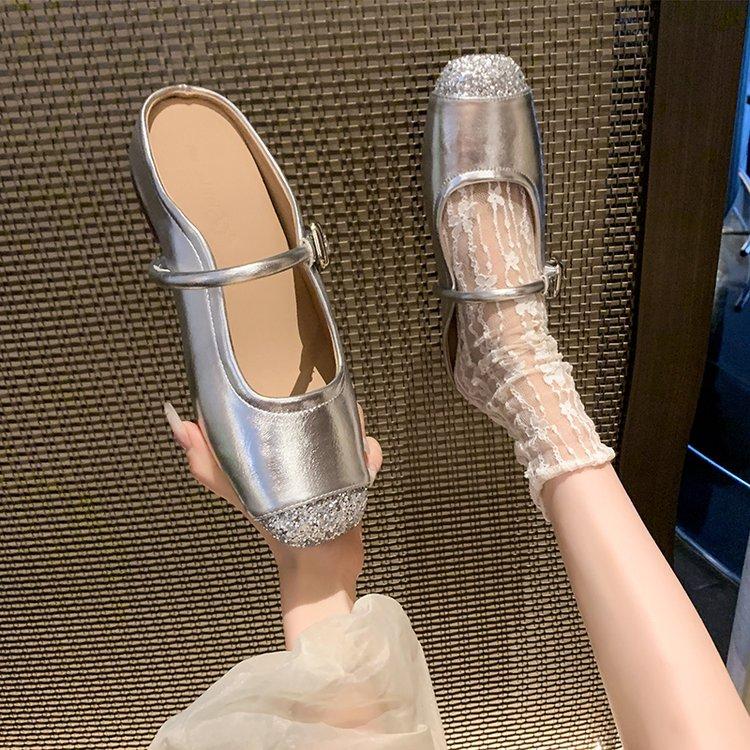 Hot Selling 2025 Silver Women's Balance Slippers Half Drag Sole Round Head Joining Ballet Slippers With Drawstring Mary Sandals
