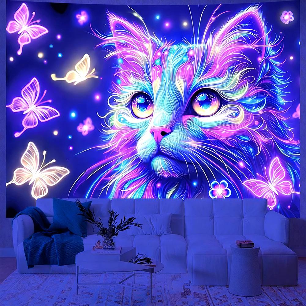 Glowing Cat Themed Tapestries Uv Reaction Tapestry Background Decoration Wall Hanging Bedroom Party Decoration