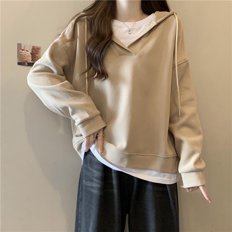 Women's Retro Patchwork Slimming Hoodie - Spring/Autumn Thin Loose Fake Two-Piece Design
