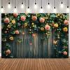 Pink Rose Vine Photography Background Romantically Decorative White Fence with Butterfly for Wedding Baby Shower Birthday Party14
