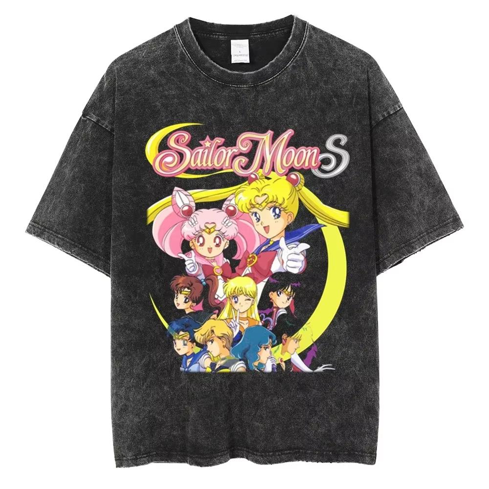 MINISO Maglietta Lavata Stampata Anime Sailor Moon Estate Nuova Cotone Uomo e Donna Larga Casual Retro Trendy Manica Corta Top