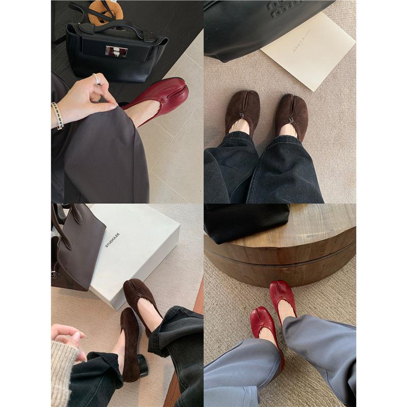 Grape Mom 4cm Lift Sheepskin Ballet Flats, Chunky Heel Split Toe Women's Autumn Shoes.