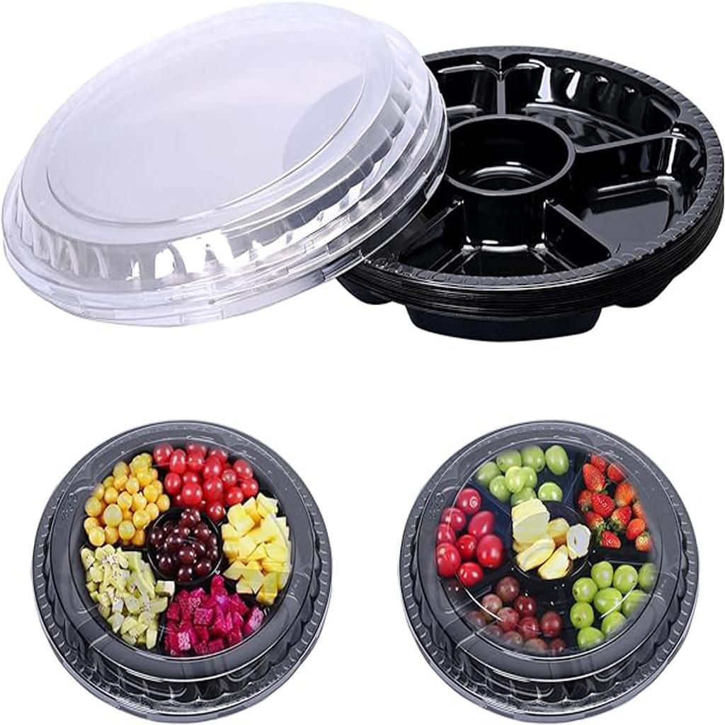 Plastic Appetizer Serving Tray with Lid Round 12.5 Inch Tray with Lid Disposable Serving Fruit Veggie Tray for Party