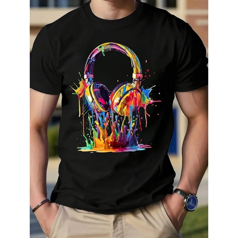 T-shirt Grafica da Uomo per Amanti della Musica con Cuffie Colorate e Design a Macchie di Vernice - Maglietta Casual Girocollo a Maniche Corte